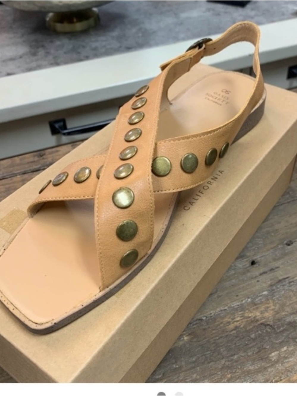 Slip-On Studded Slingback Sandal in Tan leather